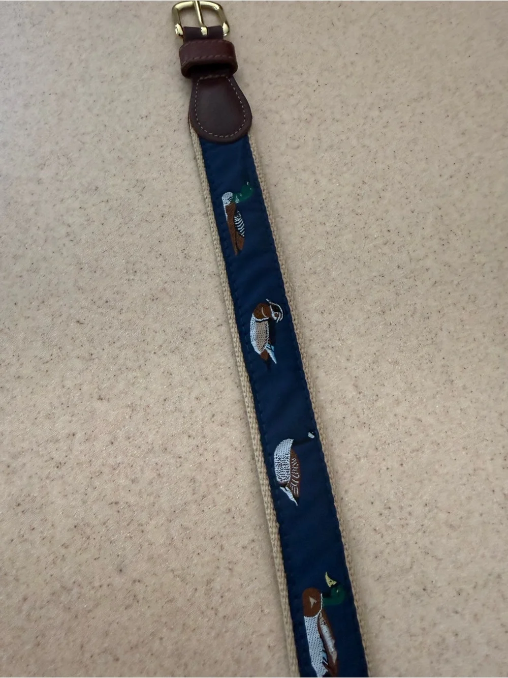 Child boys Navy Duck waterfowl Embroidered Canvas Belt with Leather Trim Bailey